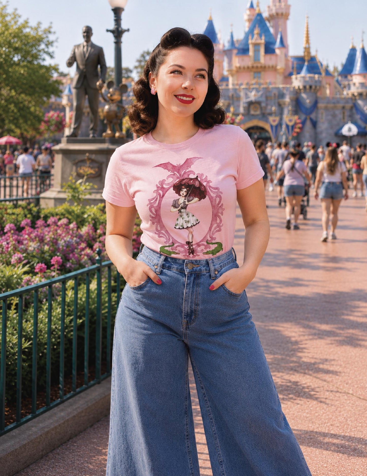 Sally Slater Ghost Tee | Haunted Mansion Pink Bat Graphic Shirt