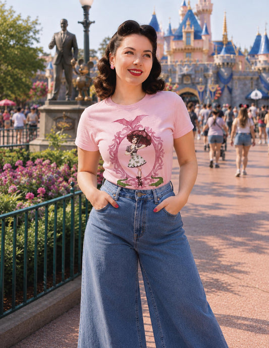 Sally Slater Ghost Tee | Haunted Mansion Pink Bat Graphic Shirt